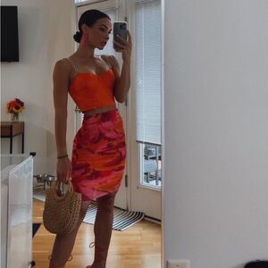 AKIRA | Pink Orange Pencil Skirt Knee-Length Ruched Cocktail